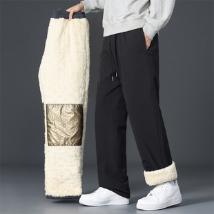 东北零下40度羊羔绒裤子男冬季保暖发热棉裤加绒加厚直筒休闲长裤