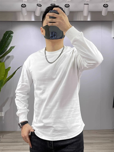 韩式春秋男士长袖t恤时髦修身棉百搭上衣男士圆领休闲纯色运动衫
