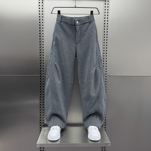 工装弯刀卫裤男士冬季加绒加厚灰色休闲裤潮牌痞帅百搭宽松阔腿裤