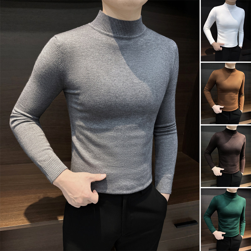 半高领长袖针织衫男士秋冬季潮牌痞帅商务修身打底衫西装内搭上衣