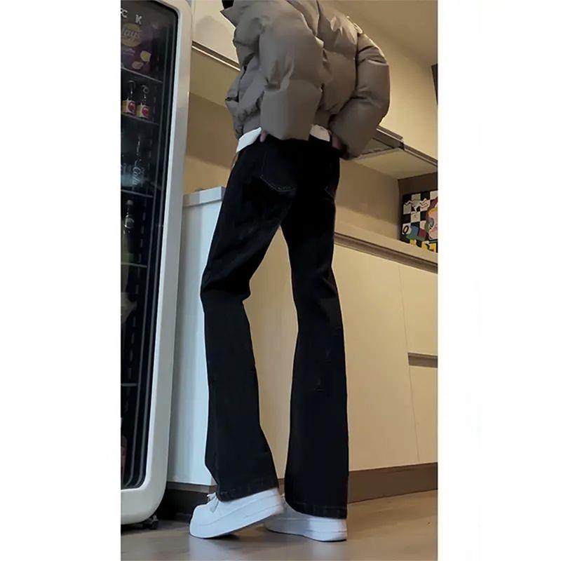 黑色牛仔裤男秋冬季美式高街微喇休闲裤青年潮流宽松直筒弯刀长裤