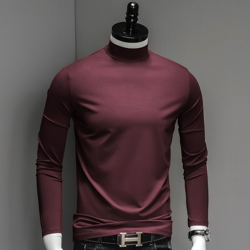 莫代尔半高领长袖T恤男士秋冬季痞帅高级感修身百搭套头打底衫潮