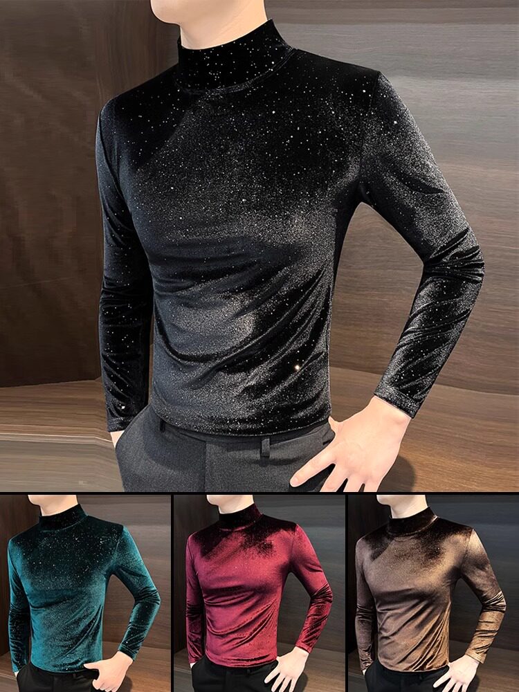 秋冬男士高底金丝绒半高领底衫，帅气休闲保暖内搭，修身上衣