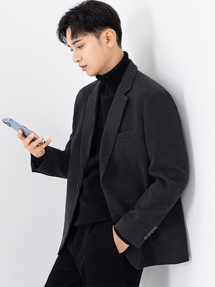 毛呢小西装外套男春秋冬季韩版潮流痞帅男士商务休闲西服职业套装