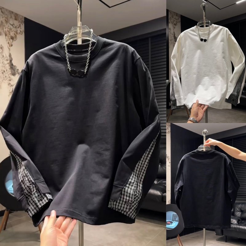 长袖T恤男士秋冬季韩版潮流高级感个性拼接打底衫百搭圆领上衣服
