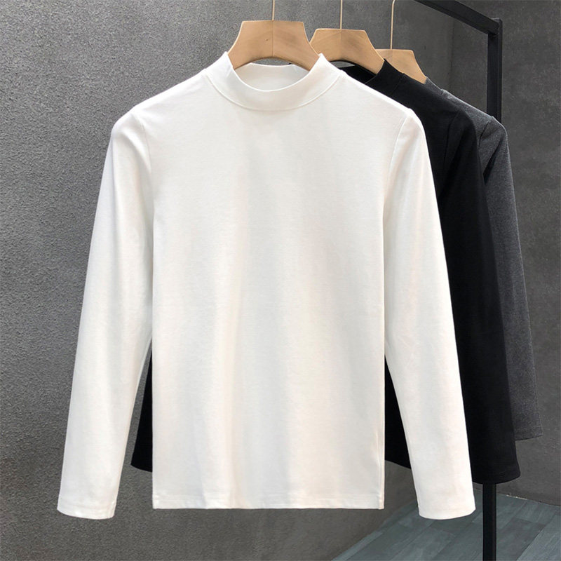 半高领白色长袖t恤男秋冬季潮流内搭纯色休闲上衣韩版修身打底衫