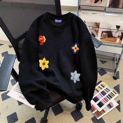 刺绣花卉圆领卫衣男款秋冬季2025新款潮牌加绒加厚宽松套头上衣服
