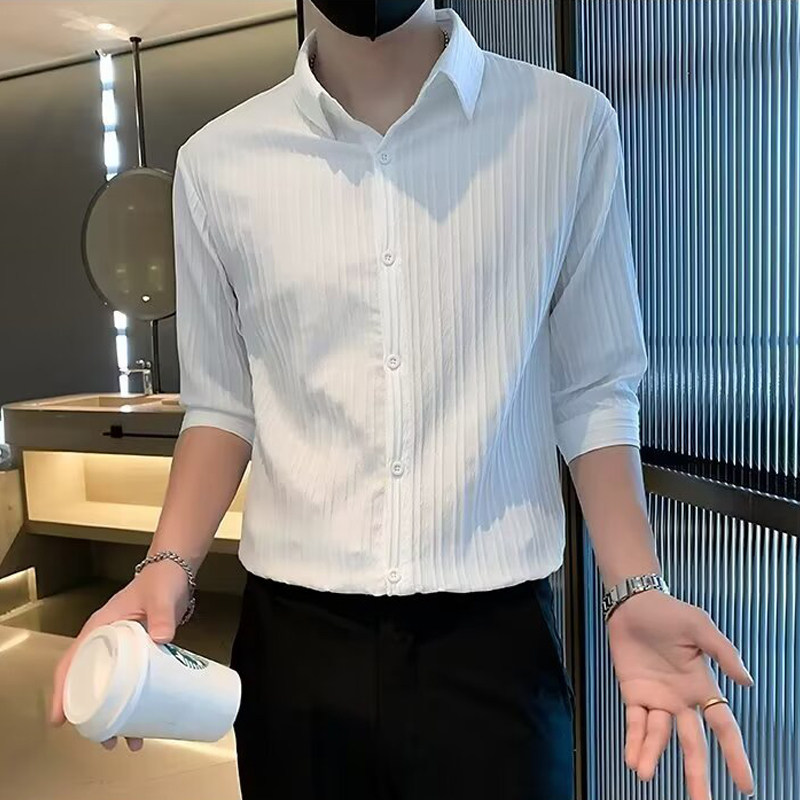 冰丝条纹短袖衬衫男夏季薄款潮牌痞帅修身衬衫半截袖翻领休闲T恤