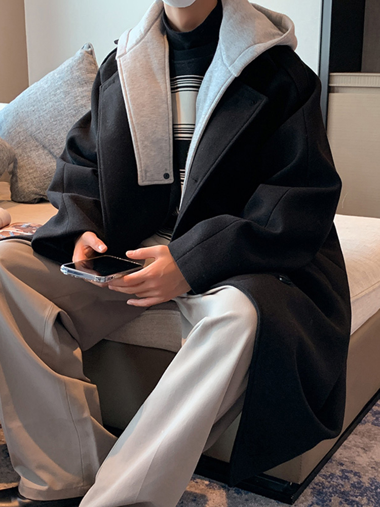 假两件连帽可拆卸过膝毛呢大衣男秋冬季潮牌双排扣宽松中长款风衣