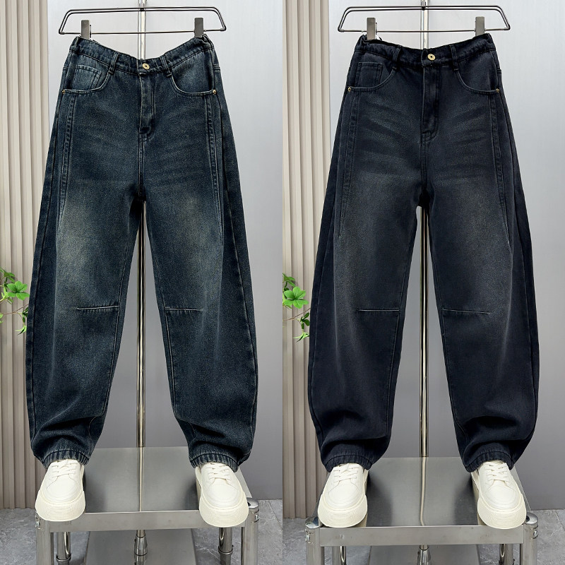 加绒牛仔裤男士秋冬季潮牌痞帅水洗大码长裤子美式高街哈伦弯刀裤