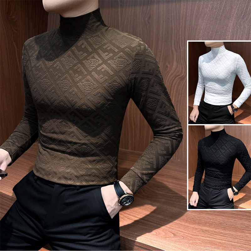 提花半高领内搭打底衫男士秋冬季2025新款潮牌痞帅紧身保暖上衣服