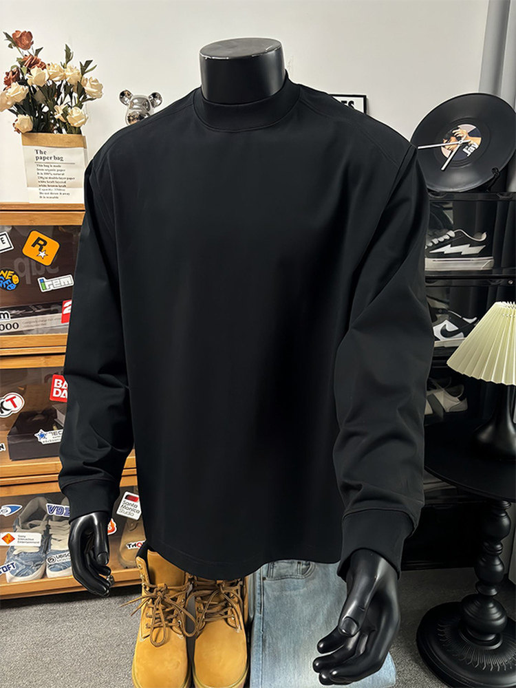 黑色打底衫男春秋季潮牌美式正肩小领口长袖t恤纯棉无帽运动卫衣