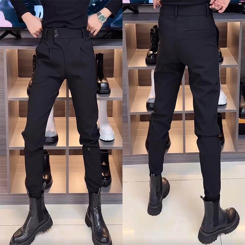 黑色西裤男秋冬季加绒加厚锥形修身小脚裤子高级感痞帅束脚休闲裤