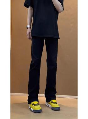 黑色弯刀牛仔裤男春秋冬款潮牌美式微喇叭裤子痞帅高个子加长休闲