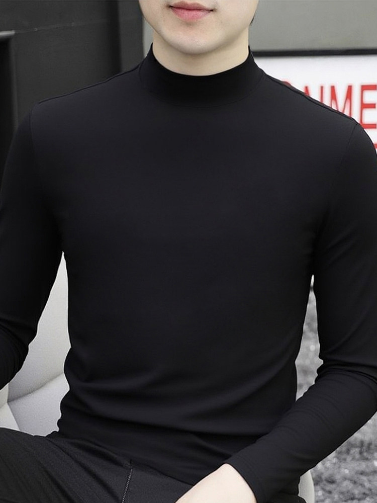 黑色半高领打底衫男士秋冬季潮牌中领长袖t恤修身内搭加绒上衣服