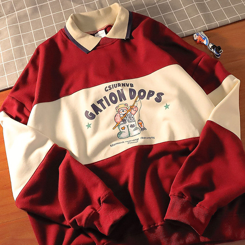 潮牌撞色POLO衫翻领卫衣日系学院风复古男女上衣情侣BF风落肩外套