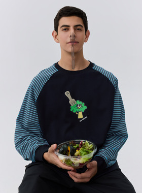 warmtrees25新款树树脆脆乐园叉子西兰花条纹插肩薄款圆领卫衣