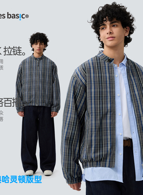 TreesBasic灰蓝格子防风短夹克男2025新款秋冬休闲外套