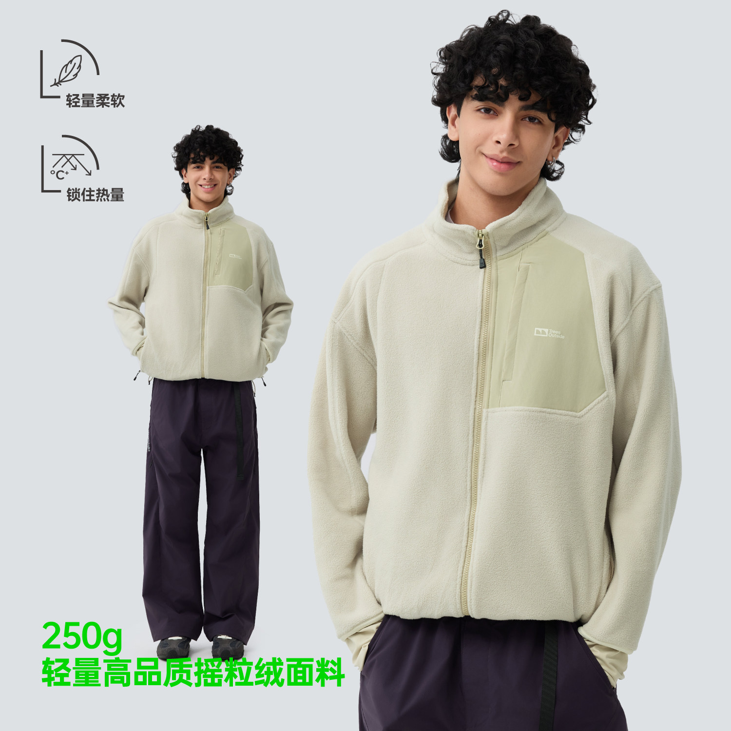 TreesOutside秋冬拼接立领250g摇粒绒夹克2025秋