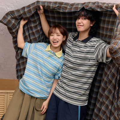 warmtrees2026ss噗噜小马系列罗纹撞色短袖POLO衫新款条纹T恤