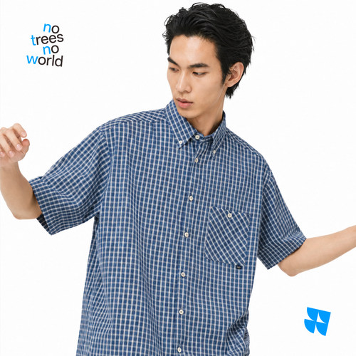 warmtrees克罗克·树复古蓝白小格子贴袋衬衫短袖