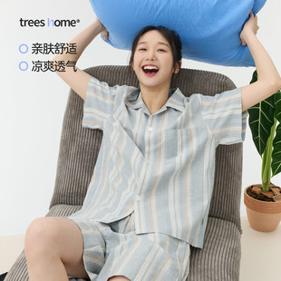 warmtrees支线TreesHome复古蓝底黄白条纹家居服春夏睡衣套装 男女