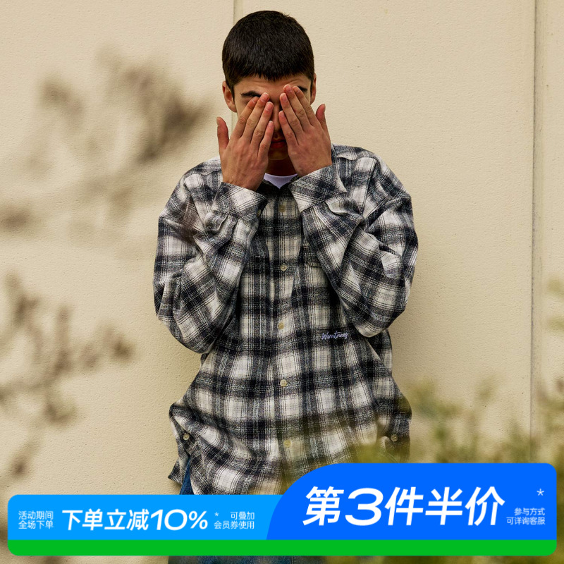WARMTREES雪花白灰格子长袖衬衫
