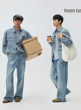 TreesBasic全棉8oz经典复古牛仔水洗蓝宽松长袖衬衫