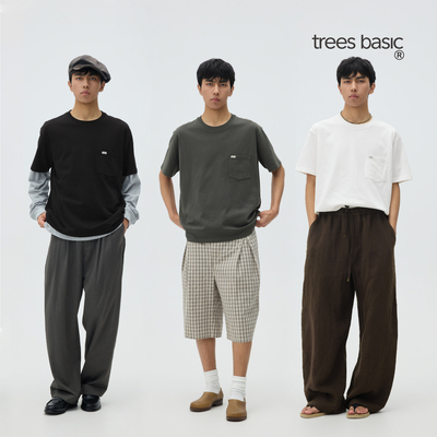 TreesBasic夏季新款2026男士box短宽棉麻感口袋短袖T恤