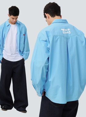 warmtrees树树脆脆乐园瓢虫压印标天蓝色纸感长袖衬衫2025新款男