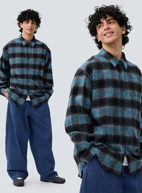 warmtrees2025秋冬新款双面拉绒蓝格纹贴袋宽松衬衫