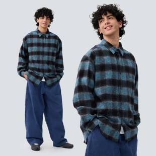 warmtrees2025秋冬新款 双面拉绒蓝格纹贴袋宽松衬衫