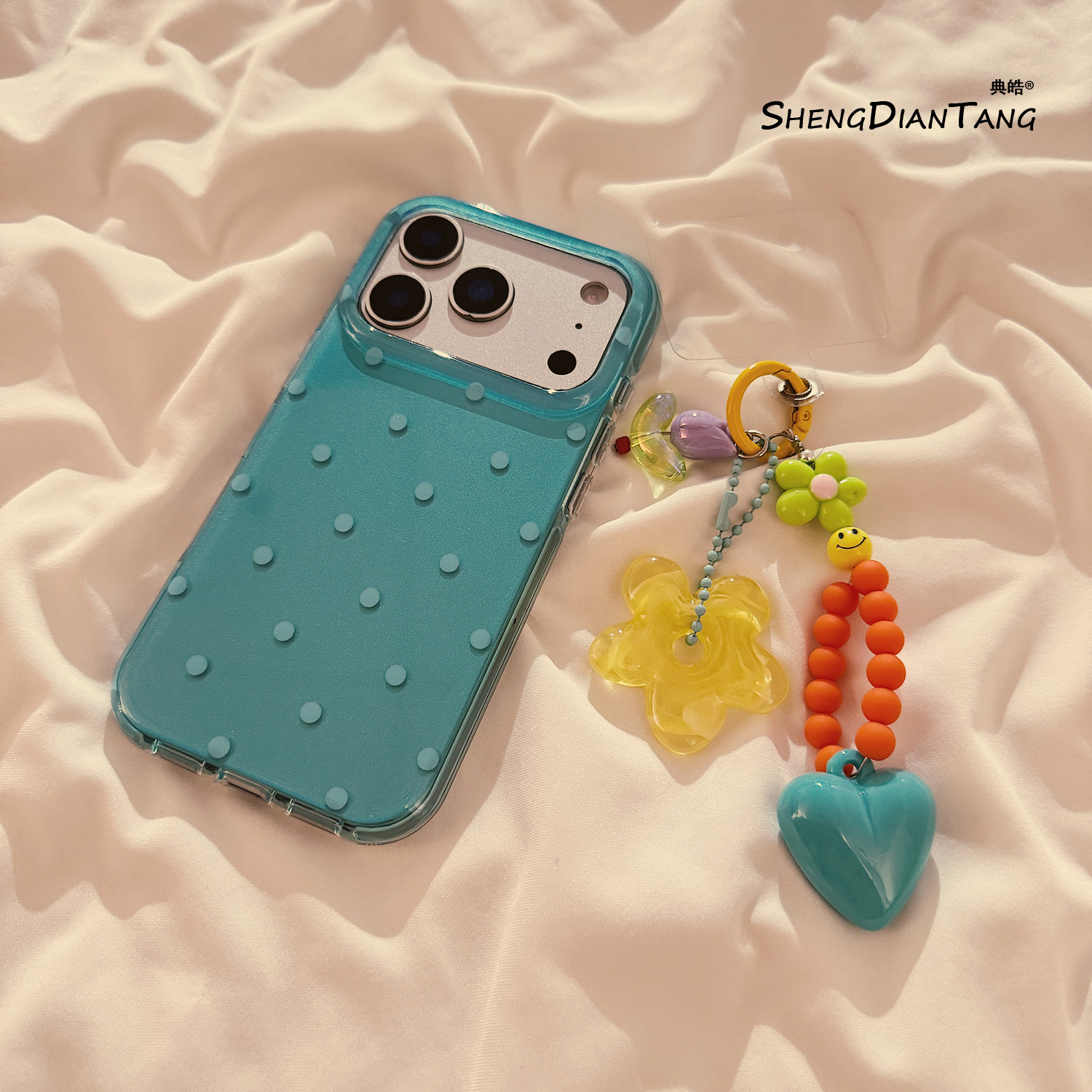 夏日简约湖绿色波点适用苹果17ProMax手机壳iphone17新款16pro小众15创意14高级女款16promax硅胶保护套链条