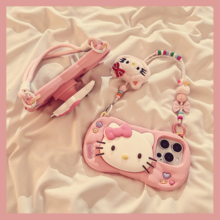 少女粉可爱猫咪头像支架适用苹果16ProMax手机壳iphone16新款 15promax软硅胶保护套链条 15立体14卡通13女款