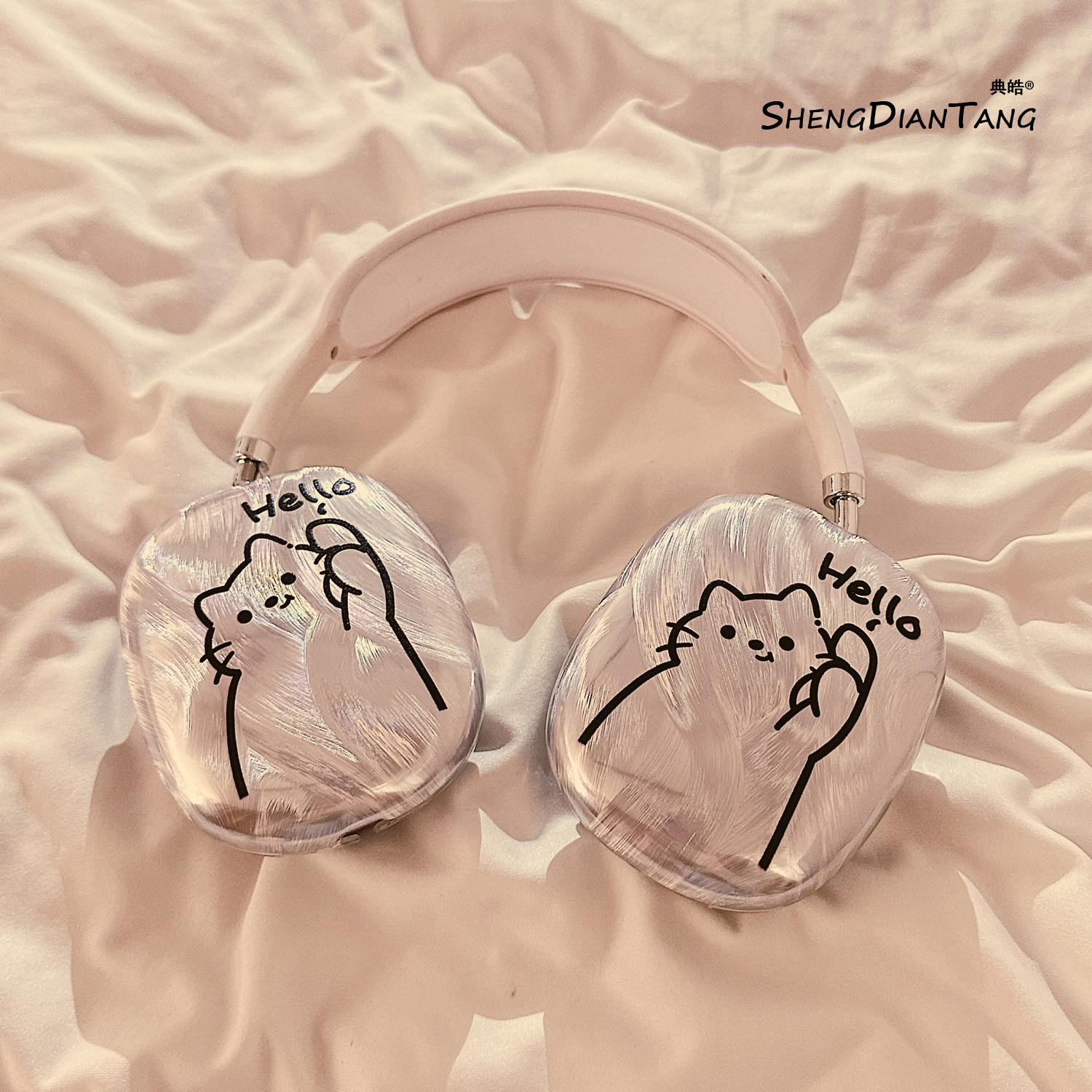 银色羽纱卡通线条猫咪适用于苹果AirPods Max头戴式耳机保护壳AirPods Max2通用耳机保护套高级感