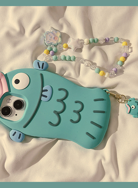 搞怪可爱丑萌鲷鱼烧适用苹果14ProMax手机壳iphone13新款14立体卡通11创意12女款15promax软硅胶保护套链条