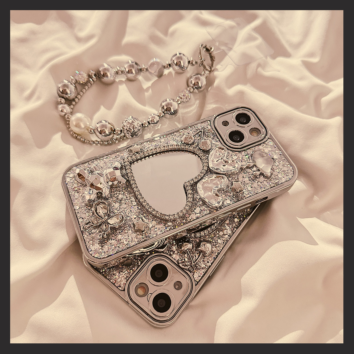 高级感水钻蝴蝶爱心镜子适用苹果16ProMax手机壳iphone16新款15电镀14创意13链条12女款14promax软硅胶保护套,3C数码配件,手机保护套/壳,淘宝优惠券,粉丝福利购,淘宝优惠卷