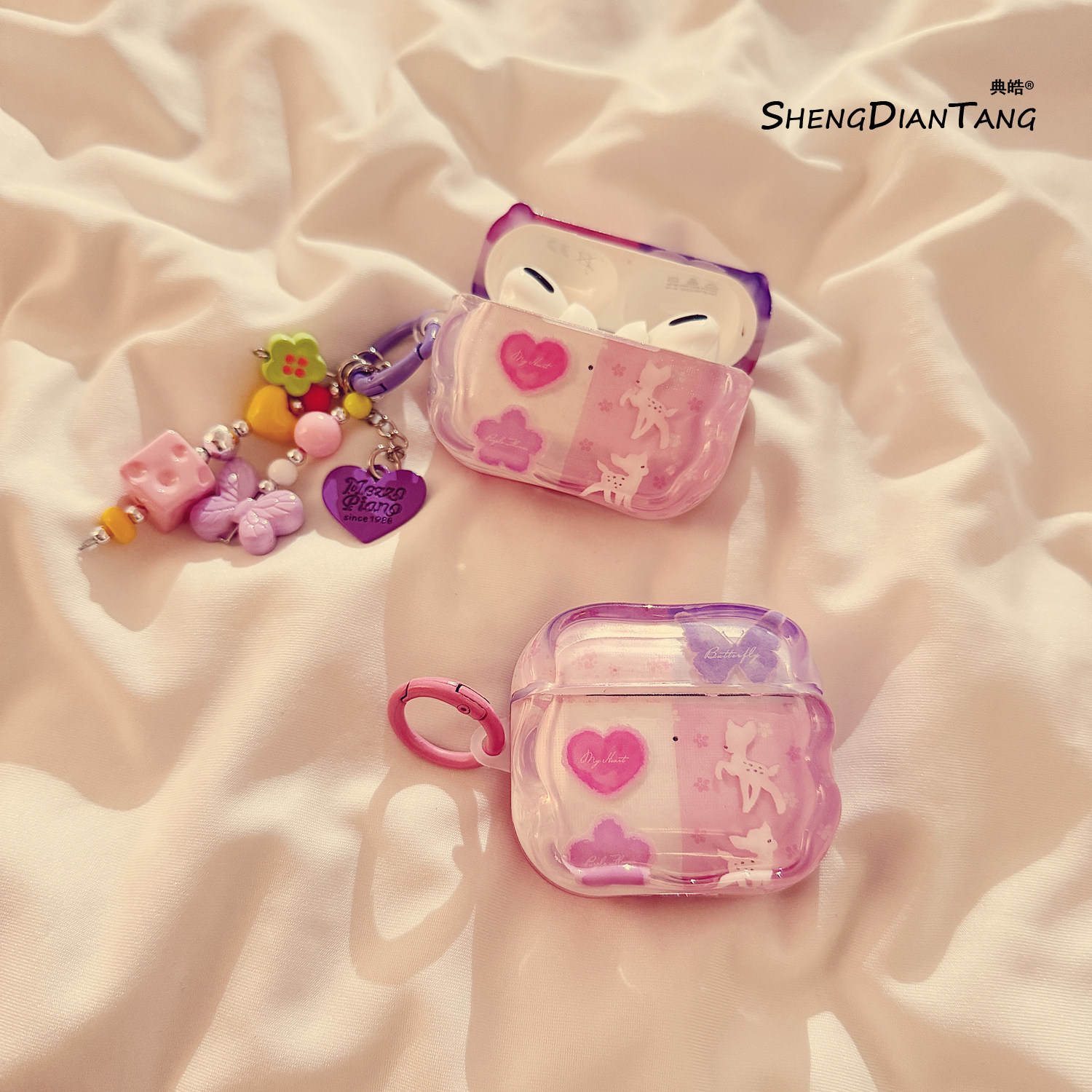 少女粉爱心蝴蝶小鹿拼接适用苹果Airpods4保护套新款2/3代无线蓝牙耳机软壳Airpods pro创意硅胶卡通女款防摔