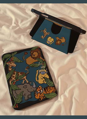 卡通森林动物拼贴360旋转iPadPro2024保护套新款适用苹果iPadAir6/5保护壳13平板11寸10.2/10.9带笔槽mini6女