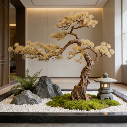 仿真松树绿植造景假树装饰迎客松雪松造型树室内旱景木雕落地摆件