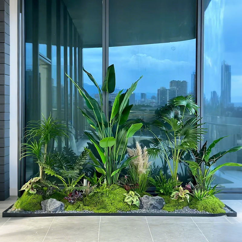 中古风绿植造景仿真植物布置室内景观楼梯下装饰仿生绿植造景组合