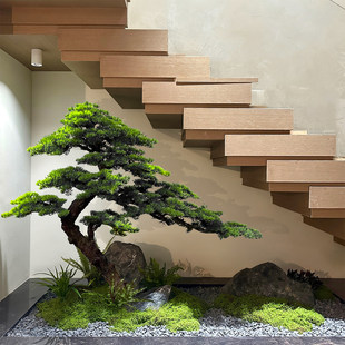 楼梯下造景仿真迎客松造型树别墅装修室内微景观全套绿植玄关假树