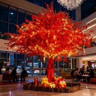 大型加密仿真桃花树春节可挂红包茂盛许愿树商场酒店大堂装饰假树