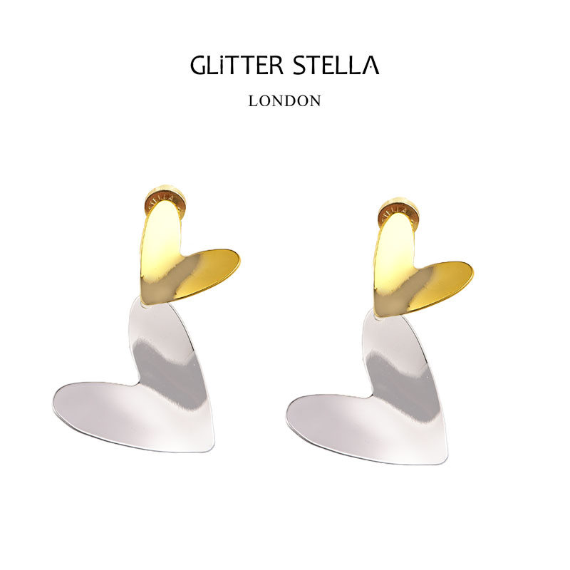 GLITTER STELLA怦然悸动金银相间双心形耳钉