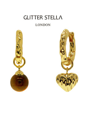 GLITTER STELLA 心形不对称虎眼石复古纹理耳环