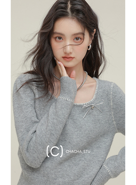 CHACHASTU 早秋慵懒风穿搭针织衫女2024新款春秋灰色上衣毛衣外套