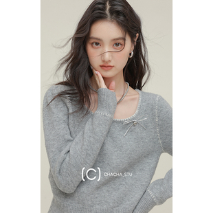 女2024新款 春秋灰色上衣毛衣外套 早秋慵懒风穿搭针织衫 CHACHASTU