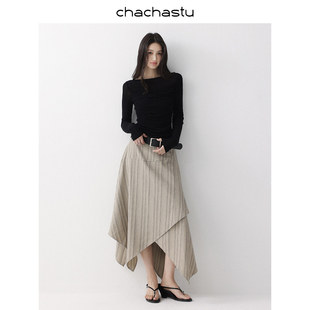 CHACHASTU复古条纹不规则下摆A字显瘦半身裙CHT264 林小雅专享
