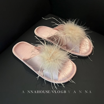 兔毛晨袍毛毛拖鞋法式一字拖室内居家防滑静音仙女高颜值凉拖轻奢