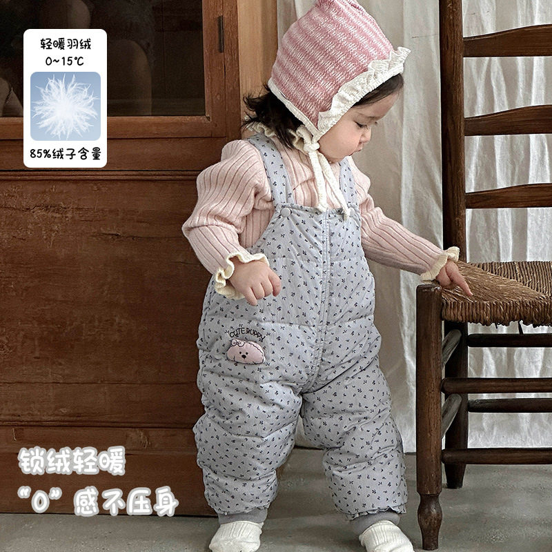 女童羽绒背带裤2025秋冬可爱女宝卡通羽绒裤婴幼儿保暖连体裤 a